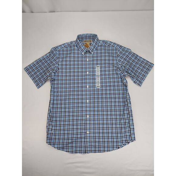 Duluth Trading Co Wrinklefighter Short Sleeve Button Down Mens Blue Plaid Medium - Picture 1 of 11